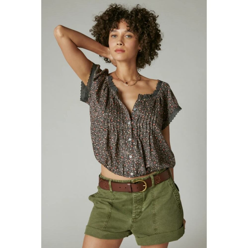 Lucky Brand Printed Button Front Peasant Top in Raven Multi